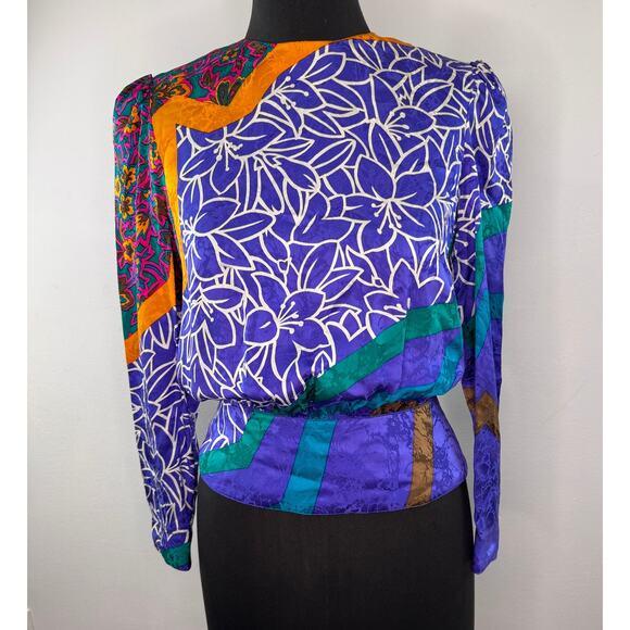 Vintage Anne Crimmins For Umi Collections Multi Blouse Silk Back Button Size 4 - Picture 1 of 6
